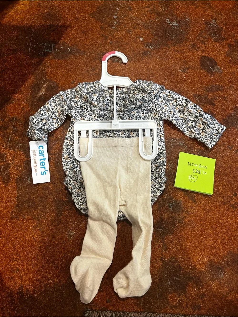 Carter's Blue Floral Long-Sleeve Bodysuit with Cream Tights